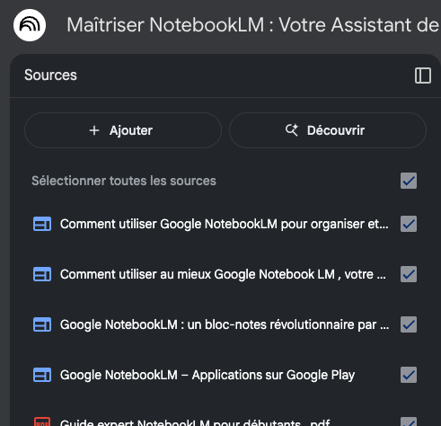 NotebookLM – panneau Sources avec PDF, URL, Docs, YouTube