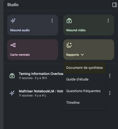 NotebookLM – Studio avec générateurs 1-clic (brief, FAQ, guide d’étude, timeline)